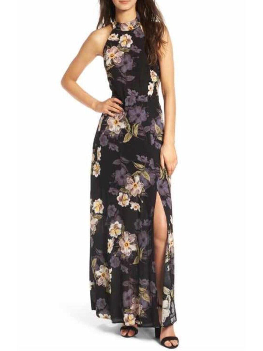 ASTR Black Ivory Purple Moody Floral Halter Slit Low Back Maxi Dress